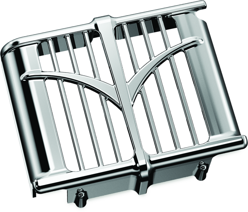 Chrome Kuryakyn oil cooler cover for 2014-2023 Indian motorcycle models, featuring a sleek, polished design.