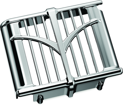 Chrome Kuryakyn oil cooler cover for 2014-2023 Indian motorcycle models, featuring a sleek, polished design.