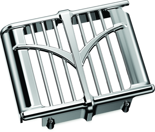 Chrome Kuryakyn oil cooler cover for 2014-2023 Indian motorcycle models, featuring a sleek, polished design.