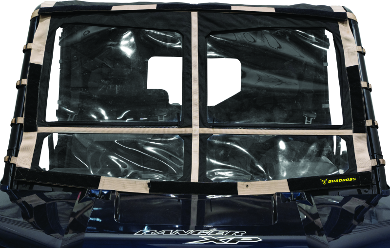 QuadBoss Polaris Ranger 1000 Diesel soft windshield with screen options, shown installed on the vehicle in a rugged outdoor setting.