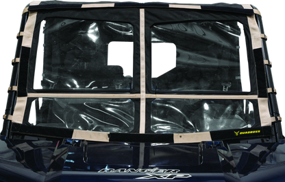 QuadBoss Polaris Ranger 1000 Diesel soft windshield with screen options, shown installed on the vehicle in a rugged outdoor setting.