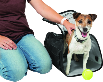 Kuryakyn Pet Palace Flyweight Carrier for travel and powersports, showing a lightweight pet carrier with secure straps and ventilation.