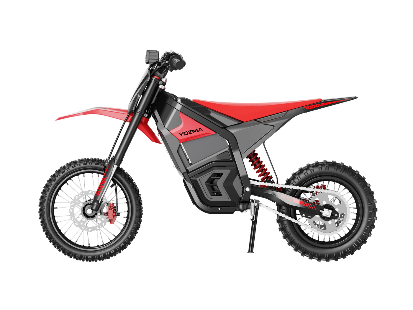 Yozma IN 10 electric mini dirt bike with 2600W motor, black and red design, off-road tires, and rider sitting on it.
