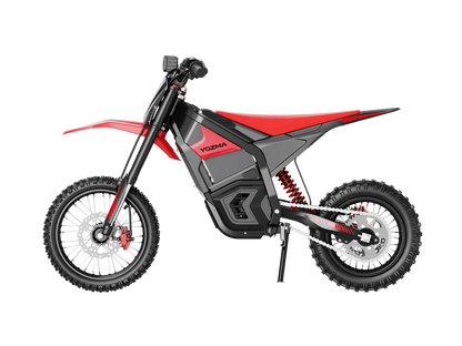 Yozma IN 10 electric mini dirt bike with 2600W motor, black and red design, off-road tires, and rider sitting on it.