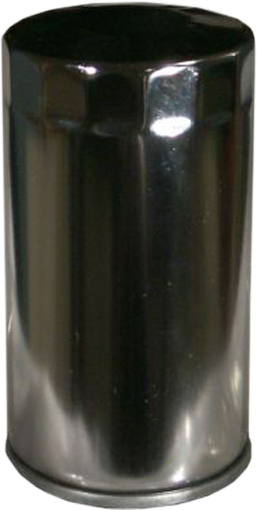 HIFLOFILTRO HF173C chrome motorcycle oil filter showing a metal canister with black rubber sealing ring