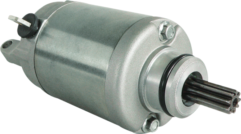 QuadBoss 495877 power sports starter for Can-Am DS 450 and SX models, showing a close-up of the black starter motor.