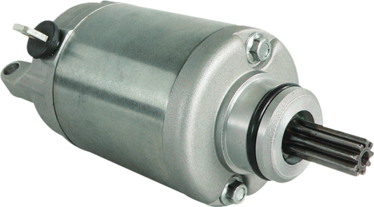 QuadBoss 495877 power sports starter for Can-Am DS 450 and SX models, showing a close-up of the black starter motor.
