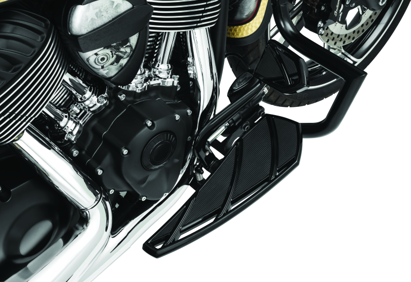Kuryakyn Phantom black floorboards for Indian motorcycles, showing textured rubber surface and mounting hardware.