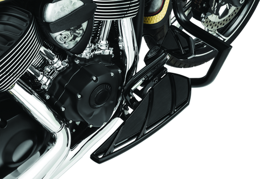 Kuryakyn Phantom black floorboards for Indian motorcycles, showing textured rubber surface and mounting hardware.