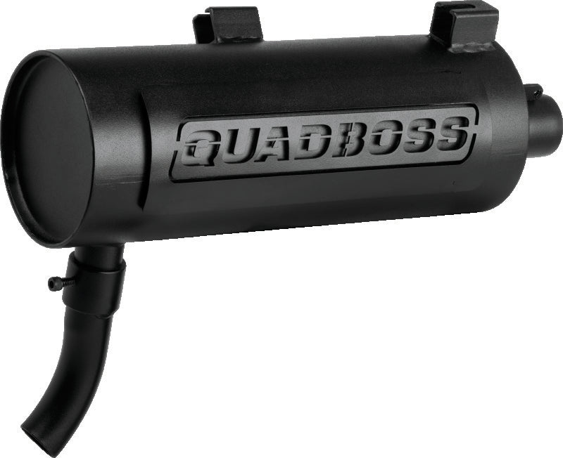 QuadBoss Polaris Diesel 455 ATV slip-on muffler with black finish and heat shield, designed for 1999-2001 Polaris QuadBoss vehicles.