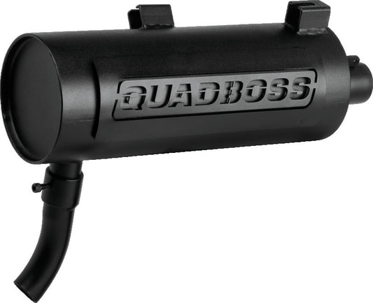 QuadBoss Polaris Diesel 455 ATV slip-on muffler with black finish and heat shield, designed for 1999-2001 Polaris QuadBoss vehicles.