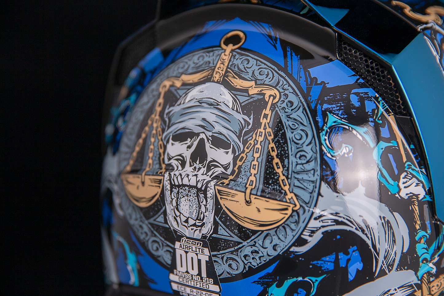 Blue ICON Airflite™ motorcycle helmet by Bill's Exhausts, size large, with aerodynamic design and 4Horsemen graphic detail.