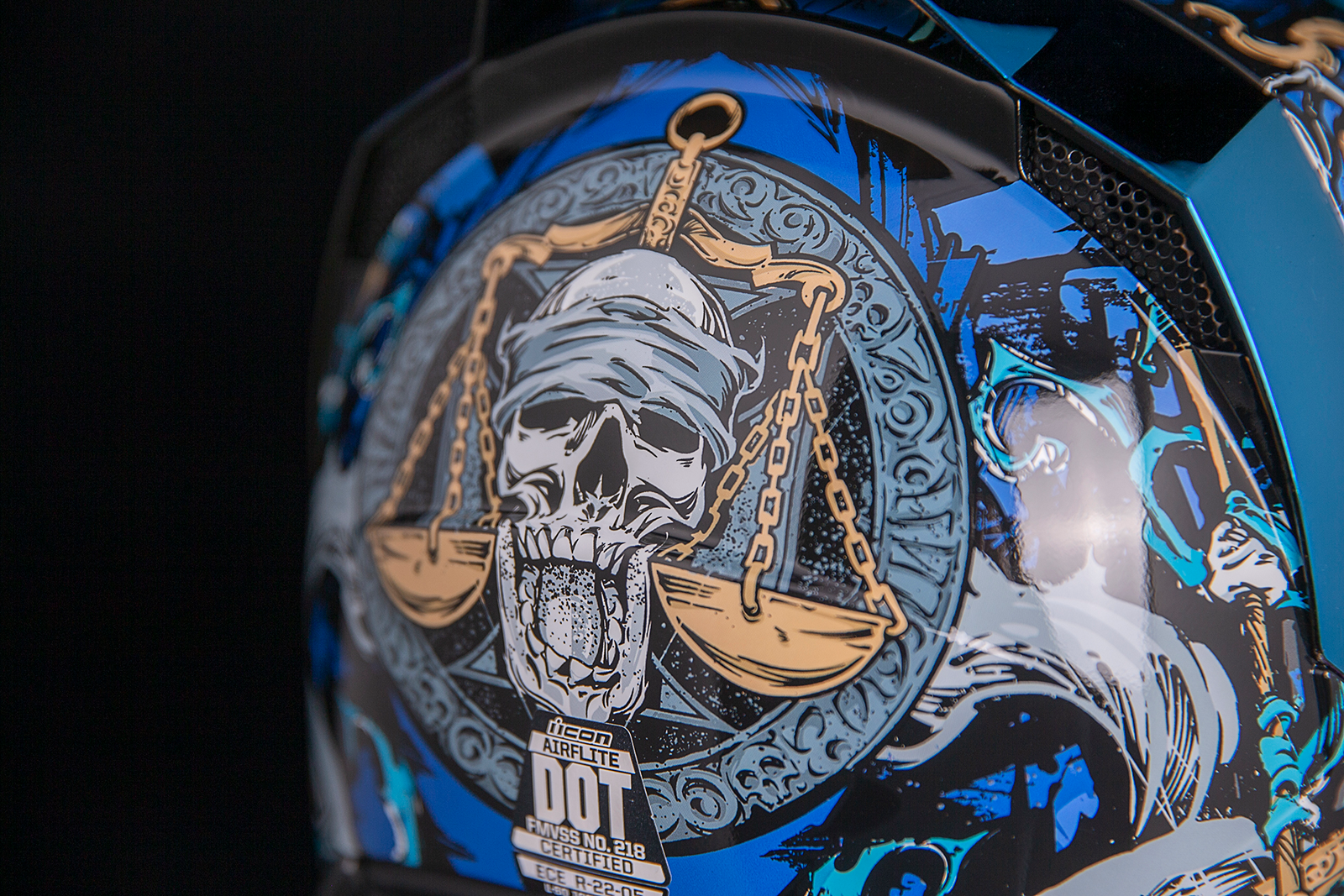 Blue ICON Airflite™ motorcycle helmet by Bill's Exhausts, size large, with aerodynamic design and 4Horsemen graphic detail.