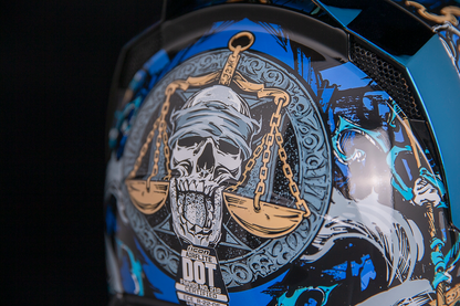 Blue ICON Airflite™ motorcycle helmet by Bill's Exhausts, size large, with aerodynamic design and 4Horsemen graphic detail.