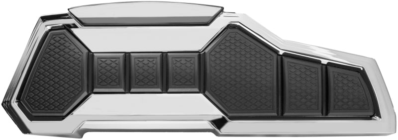 Kuryakyn Enygma Chrome Floorboards for motorcycle, showing textured footplates with chrome finish and mounting hardware.