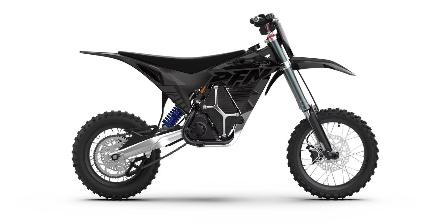 RFN Warrior E8 electric off-road motorcycle with rugged tires and sleek black frame, designed for off-road adventure.