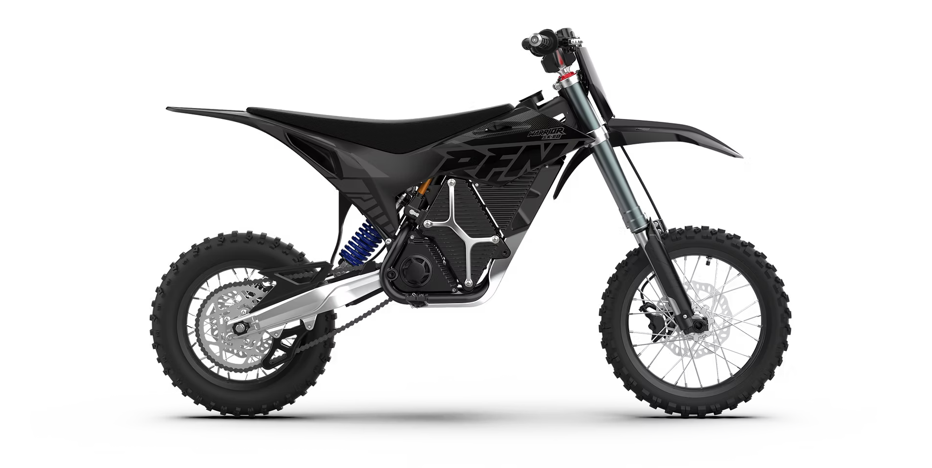RFN Warrior E8 electric off-road motorcycle with rugged tires and sleek black frame, designed for off-road adventure.