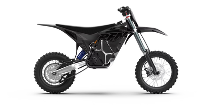 RFN Warrior E8 electric off-road motorcycle with rugged tires and sleek black frame, designed for off-road adventure.