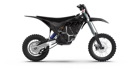 RFN Warrior E8 electric off-road motorcycle with rugged tires and sleek black frame, designed for off-road adventure.