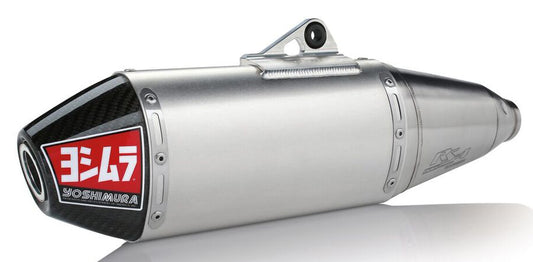 YOSHIMURA RS-4 motorcycle exhaust slip-on with header and end cap, featuring polished metal finish and branding details.
