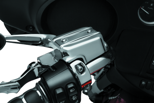 Chrome Kuryakyn Brake and Clutch Control Covers for Harley Davidson Touring motorcycles, featuring sleek metal finish.