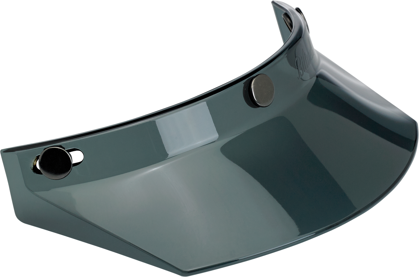 Biltwell Moto 3-Snap Smoke Visor for helmets, showcasing the tinted, smoke-colored visor attached to a motorcycle helmet.