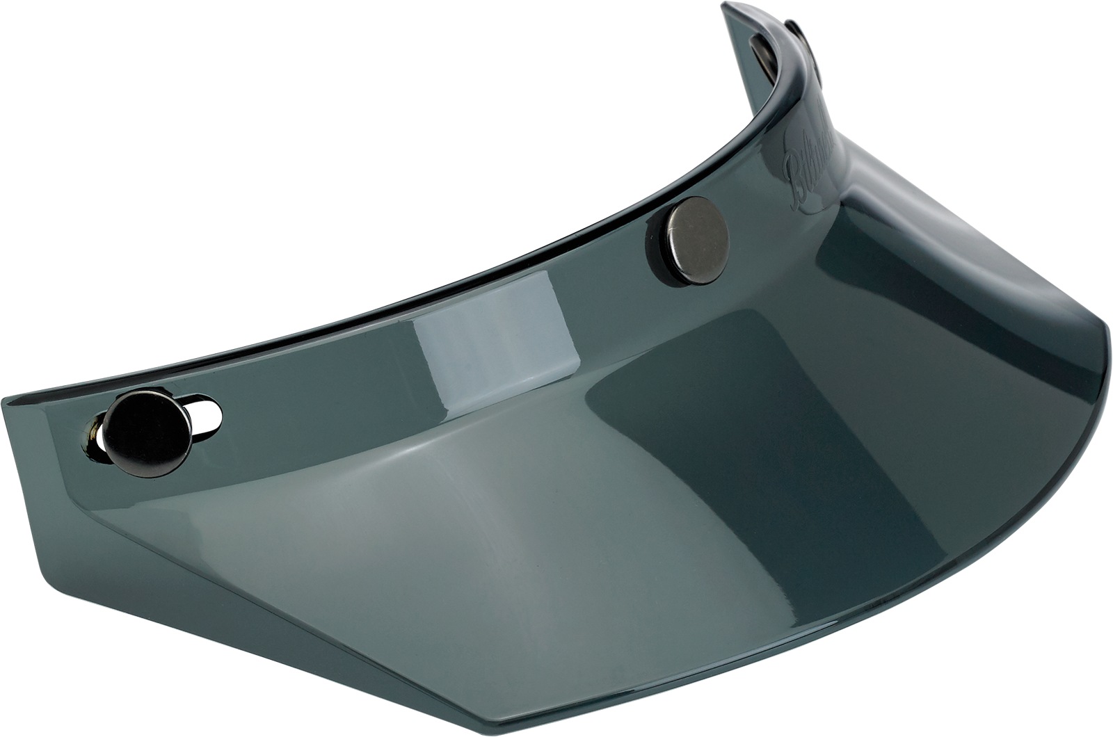 Biltwell Moto 3-Snap Smoke Visor for helmets, showcasing the tinted, smoke-colored visor attached to a motorcycle helmet.