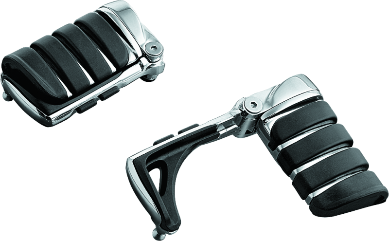 Kuryakyn Switchblade motorcycle foot pegs in chrome with concealed heel rest, versatile design without male mount adapter.
