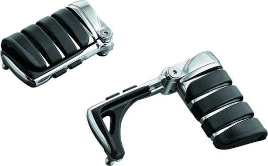 Kuryakyn Switchblade motorcycle foot pegs in chrome with concealed heel rest, versatile design without male mount adapter.