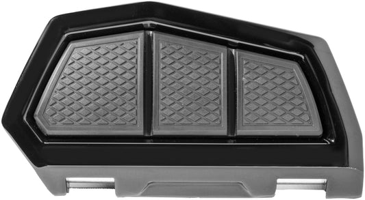 Kuryakyn Enygma passenger boards in gloss black for powersports vehicles, showing the textured surface and mounting hardware.