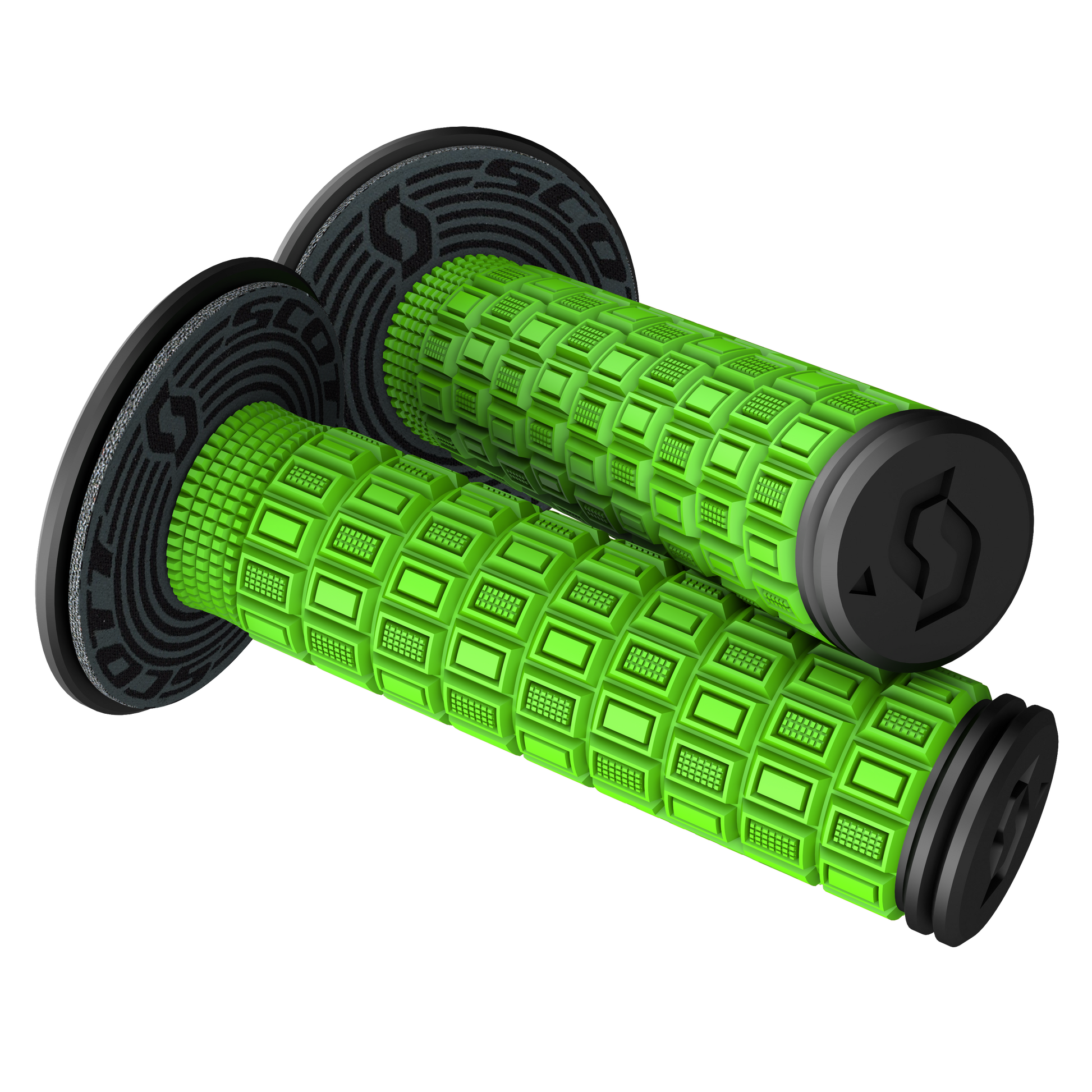 Scott Mellow Green and Black engine grips with textured surface, designed for comfortable handling and secure grip.
