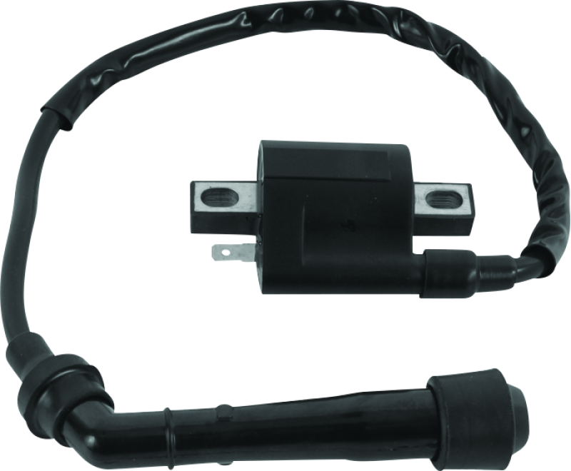 QuadBoss ignition coil for Yamaha YFM400 Big Bear (2000-2004), replacement part 402282, shown mounted on ATV engine.