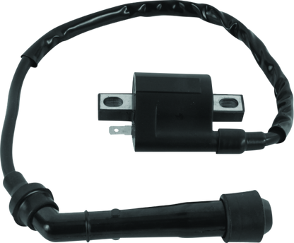 QuadBoss ignition coil for Yamaha YFM400 Big Bear (2000-2004), replacement part 402282, shown mounted on ATV engine.