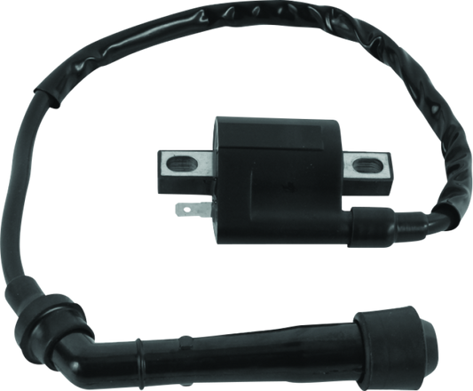 QuadBoss ignition coil for Yamaha YFM400 Big Bear (2000-2004), replacement part 402282, shown mounted on ATV engine.