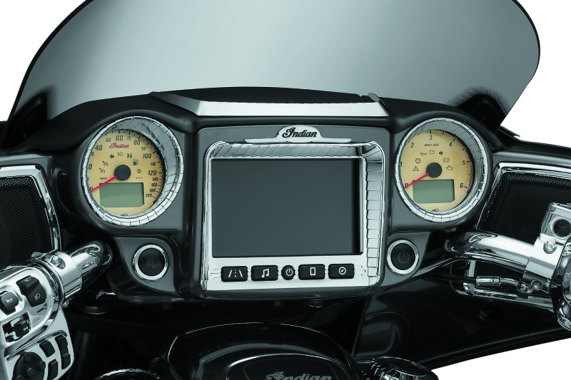 Kuryakyn Stereo Accent Chrome for Indian Chieftain 2017-2018 motorcycle, shiny chrome finish, visible mounting hardware and design details.