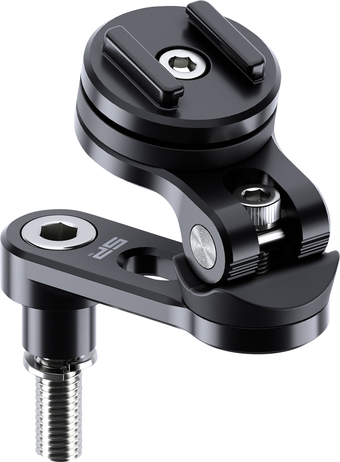 Black SP CONNECT Pro Phone Mount handlebar clamp attached to a motorcycle handlebar for secure phone mounting.