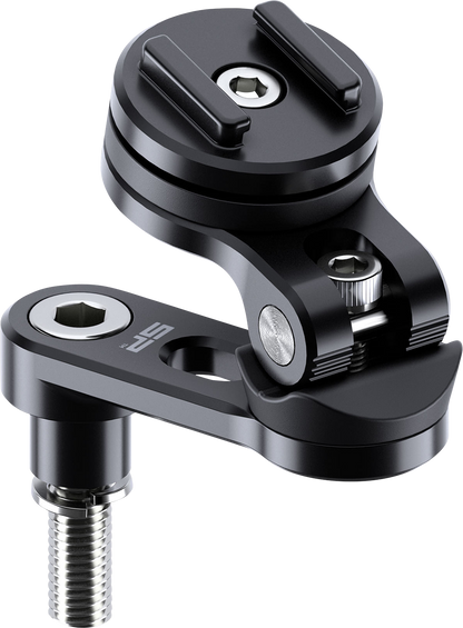 Black SP CONNECT Pro Phone Mount handlebar clamp attached to a motorcycle handlebar for secure phone mounting.