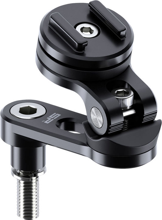 Black SP CONNECT Pro Phone Mount handlebar clamp attached to a motorcycle handlebar for secure phone mounting.