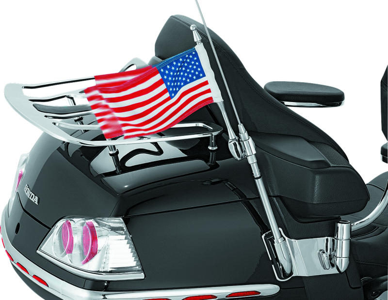 Chrome Kuryakyn antenna flag mount with flag on Honda GL1800 Gold Wing motorcycle (2001-2017)