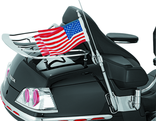 Chrome Kuryakyn antenna flag mount with flag on Honda GL1800 Gold Wing motorcycle (2001-2017)