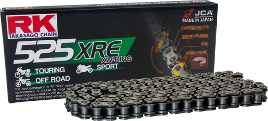 RK EXCEL 525XRE-120 motorcycle drive chain for street and off-road bikes, featuring durable construction and precision links.