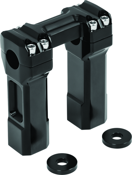 Kuryakyn 5-inch black billet handlebar risers mounted on a motorcycle handlebar, showcasing sleek metal design.