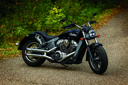 Kuryakyn Phantom motorcycle mirrors in gloss black with aggressive angular design and premium chrome finish, mounted on handlebars.