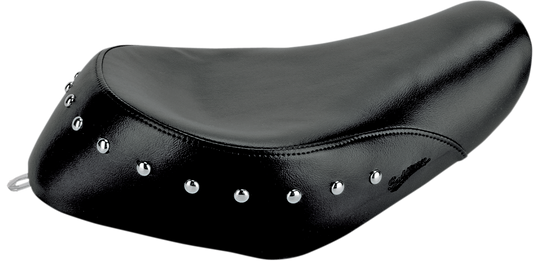 Bill's Exhausts SADDLEMEN Solo Studded Seat XL '04+ featuring black leather with silver studs, designed for motorcycle comfort and style.
