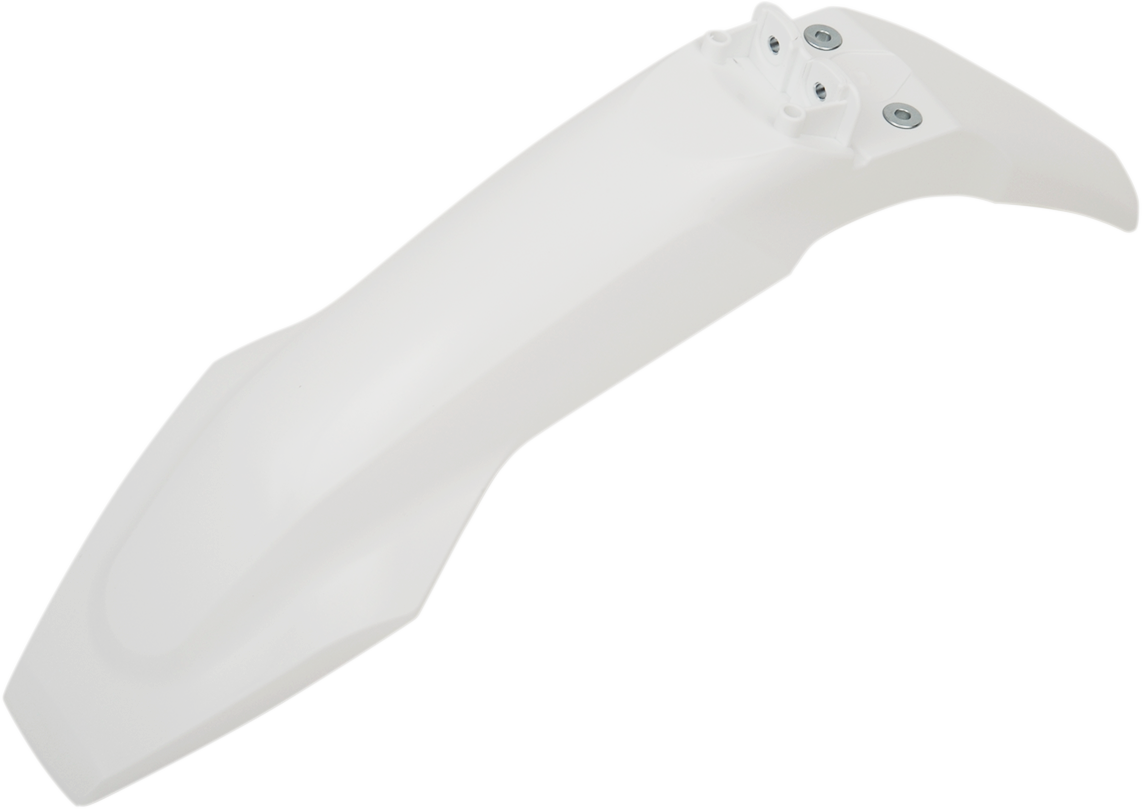 Acerbis white front fender motorcycle body part, designed for off-road or motocross bikes, with visible mounting points and streamlined shape.