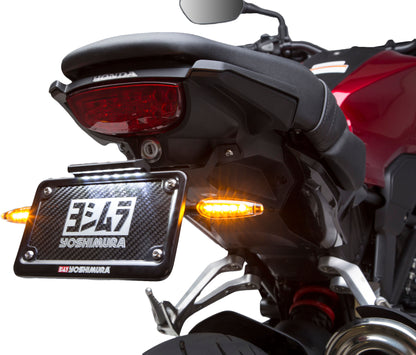 YOSHIMURA Fender Eliminator Kit for Honda motorcycles, black metal with mounting hardware, designed for a sleek, custom look.