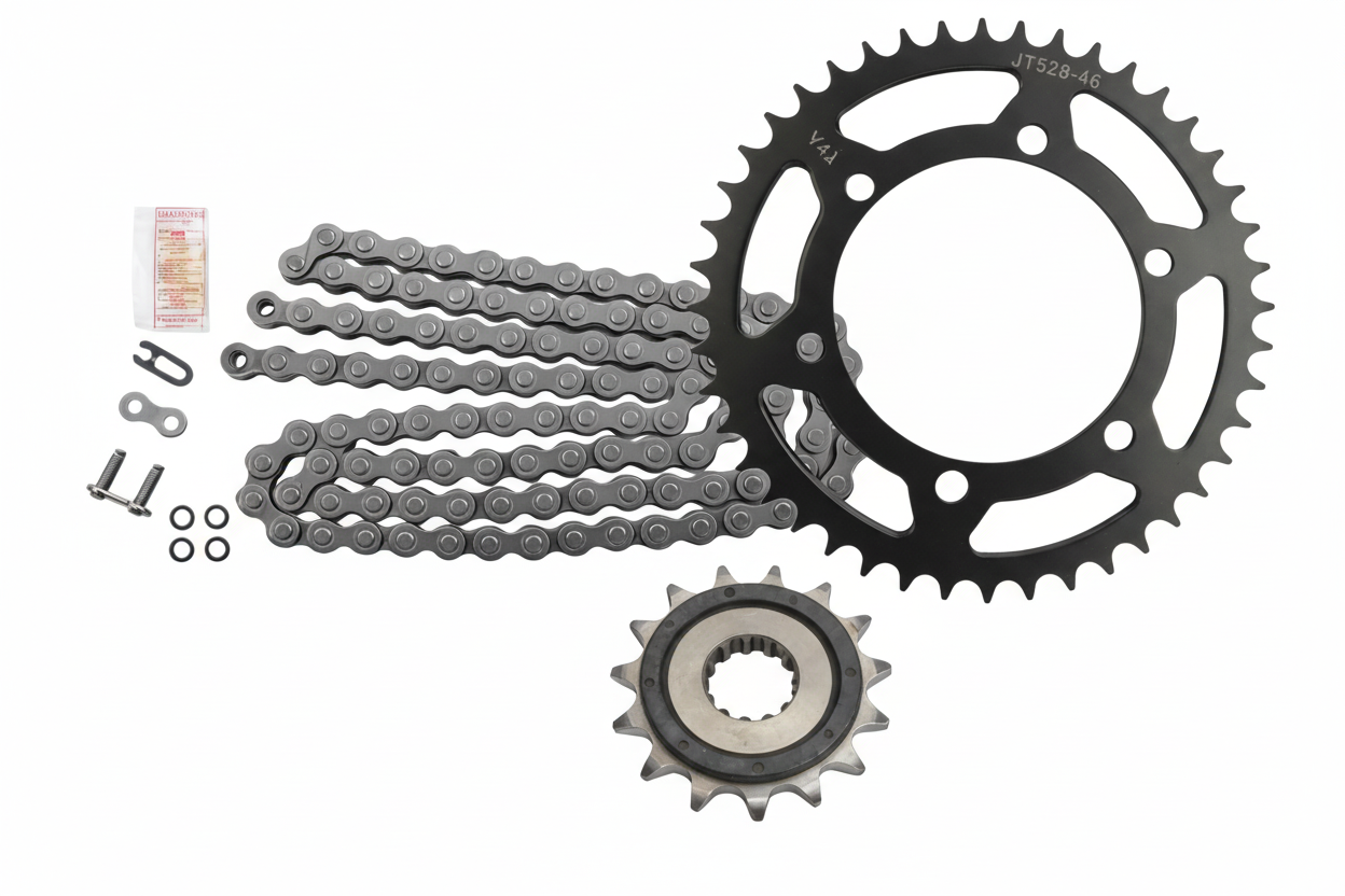 Bill's Exhausts Ninja 400 sprocket and chain set kit, in stock, includes sprockets and chain for motorcycle maintenance.