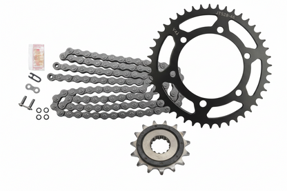 Bill's Exhausts Ninja 400 sprocket and chain set kit, in stock, includes sprockets and chain for motorcycle maintenance.