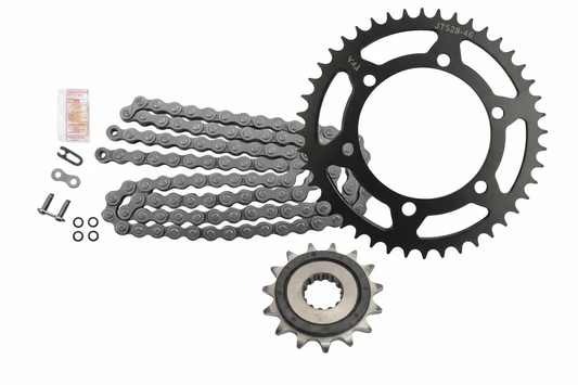 Bill's Exhausts Ninja 400 sprocket and chain set kit, in stock, includes sprockets and chain for motorcycle maintenance.