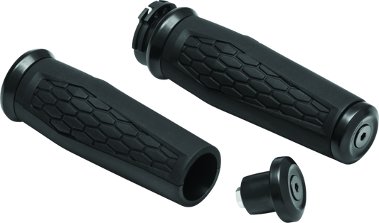 Kuryakyn Hex Grips Dual Cable black for powersports vehicles, featuring textured rubber and ergonomic design for comfortable handling